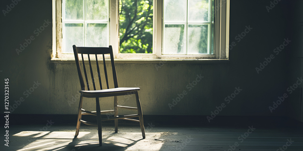 Solitary Seat: An old wooden chair sits bathed in natural light by the window, capturing quiet ambiance with sunbeams casting shadows across the space. Solitary Seat: An old wooden chair sits bathed in natural light by the window, capturing quiet ambiance with sunbeams casting shadows across the space.