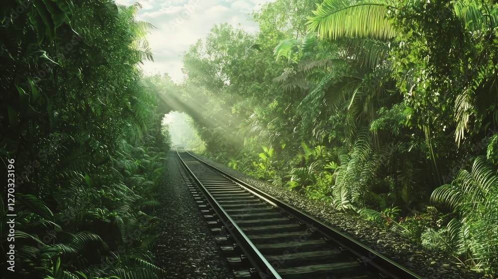 Fototapeta premium Scenic Train Journey Through Lush Green Tropical Landscape