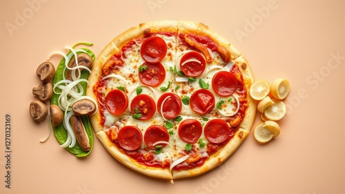 Various types of pizza in flat view, featuring cheesy and meaty toppings such as pepperoni, sausage, mushrooms, and onions, pepperoni, collection, cheesy