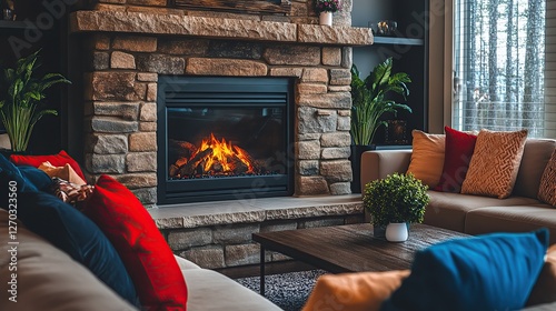 Cozy living room with fireplace and colorful pillows. photo