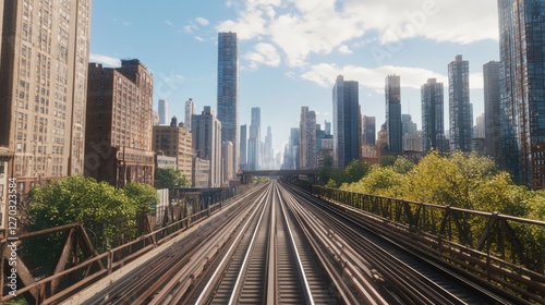 Urban Train Journey Through Cityscape with Modern Skyscrapers