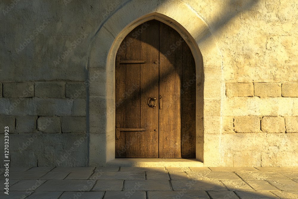 Ancient Archway: A weathered wooden door set within an arched stone frame. The door stands closed, as light and shadow play across the aged facade and reveal a sense of mystery. Ancient Archway: A weathered wooden door set within an arched stone frame. The door stands closed, as light and shadow play across the aged facade and reveal a sense of mystery.