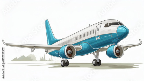 Commercial airplane vector illustration features a sleek, modern aircraft with a white upper fuselage and blue lower fuselage. The engines, mounted under the wings, share the blue color.
