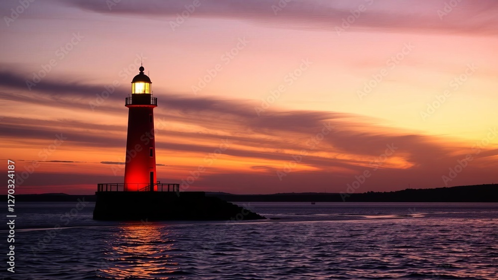 Red and white lighthouse in water with sunset backdrop, twilight, maritime, sunset Red and white lighthouse in water with sunset backdrop, twilight, maritime, sunset