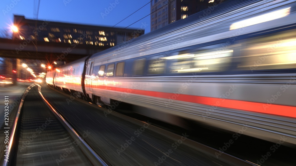 Fast Commuter Train Racing Through City at Dusk with Motion Blur Fast Commuter Train Racing Through City at Dusk with Motion Blur