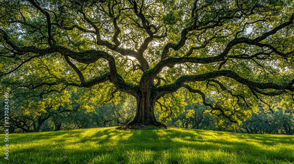 Majestic Oak Tree with Expansive Branches and Lush Green Leaves Majestic Oak Tree with Expansive Branches and Lush Green Leaves