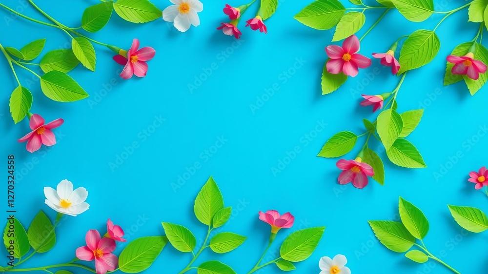 Fototapeta premium Vibrant paper cut flowers with green leaves on blue background, bright, blue background, vibrant