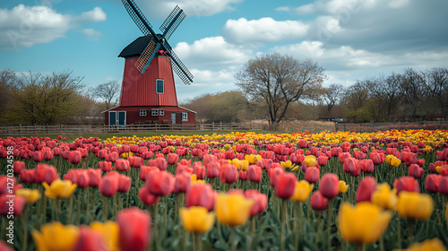 A field of flowers with a windmill in the background