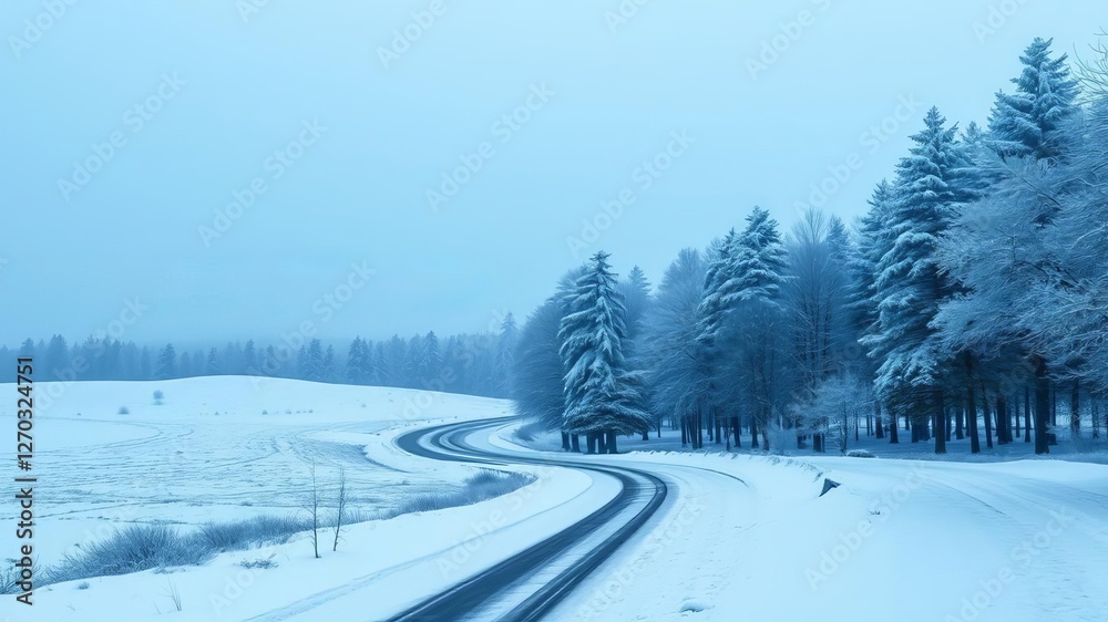 Snow-covered road surrounded by dark trees in a winter wonderland, creating a serene and peaceful scene, serene, dark trees, serene Snow-covered road surrounded by dark trees in a winter wonderland, creating a serene and peaceful scene, serene, dark trees, serene