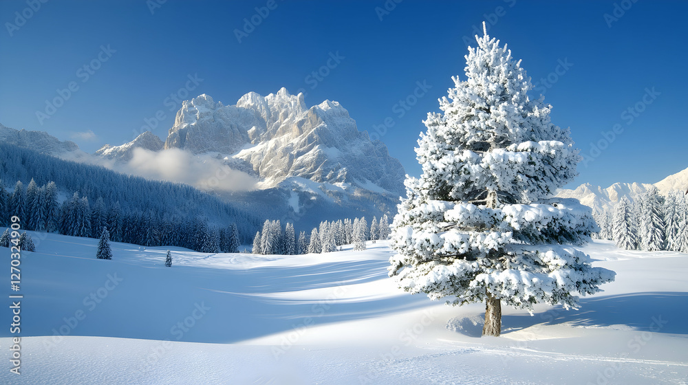 Winter Wonderland with Snow-Covered Tree and Majestic Mountains Winter Wonderland with Snow-Covered Tree and Majestic Mountains