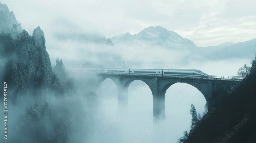 Fototapeta premium High-Speed Train Zipping Through Misty Mountains on a Bridge