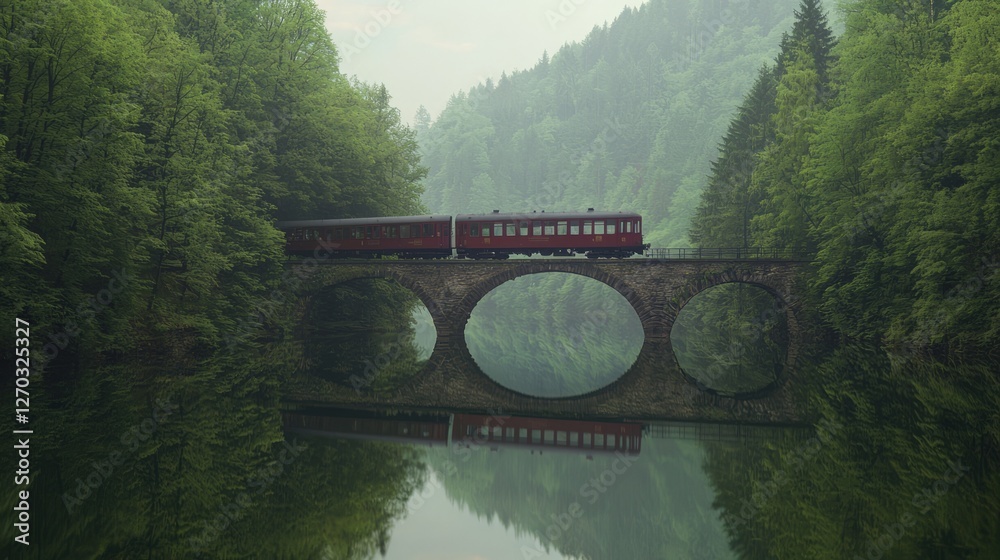 Fototapeta premium Scenic Train Crossing a Historic Bridge in a Lush Green Landscape