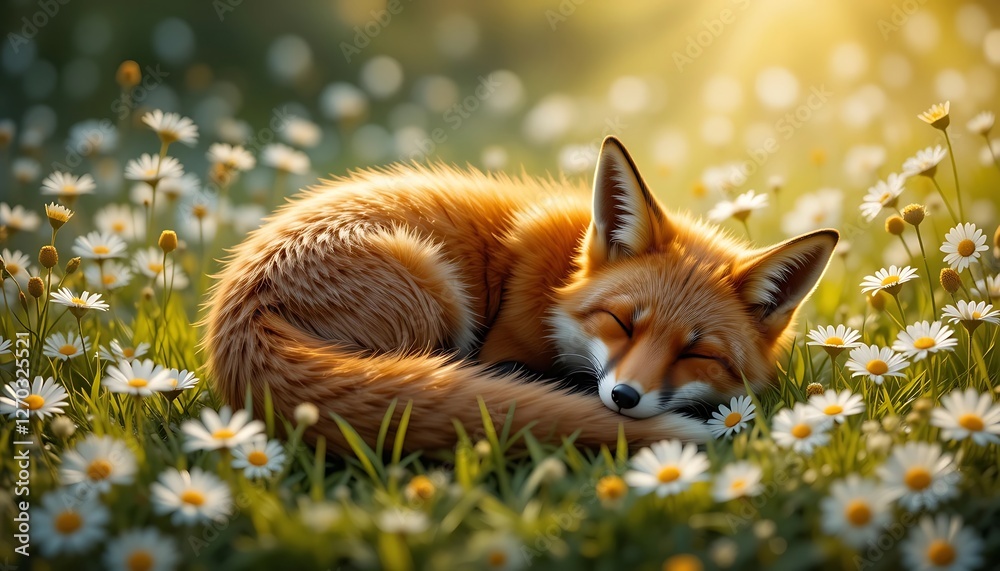 Naklejka premium Sleeping Fox Curled Up in a Meadow of Daisies Relaxing in Sunlight