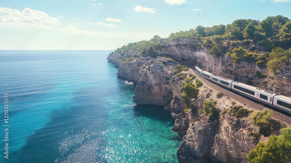 Luxury Train Winding Along Scenic Coastal Cliff with Blue Waters Luxury Train Winding Along Scenic Coastal Cliff with Blue Waters