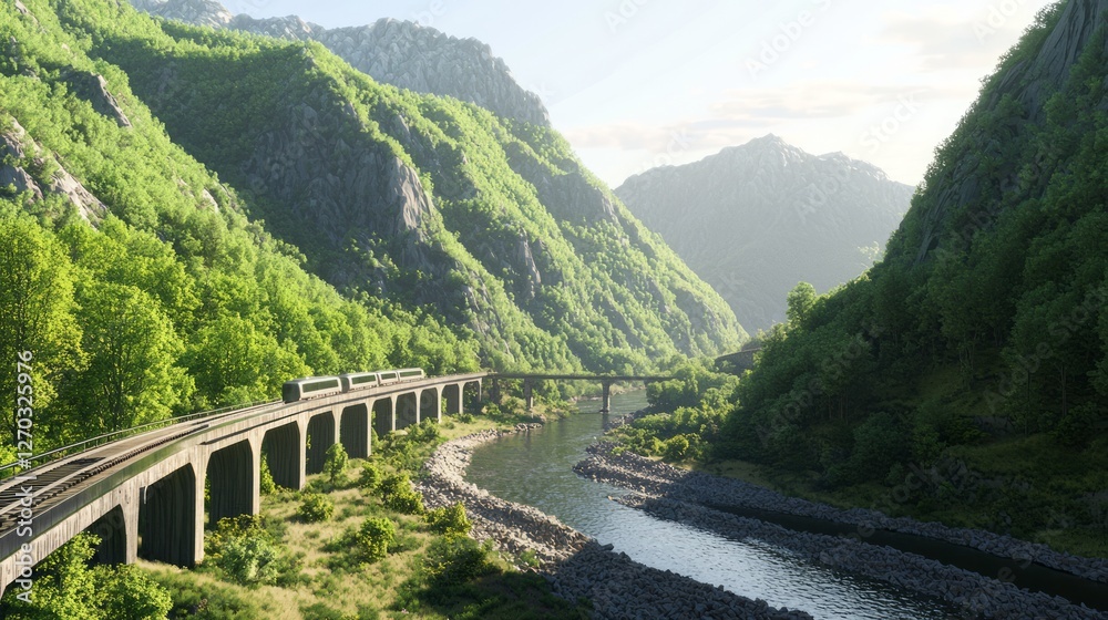 Scenic Train Ride Through Lush Mountains and Serene River Landscape Scenic Train Ride Through Lush Mountains and Serene River Landscape