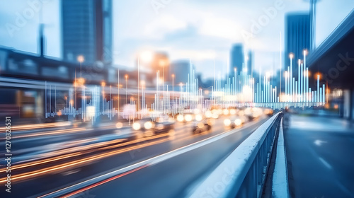 Dynamic traffic flow analysis urban cityscape digital visualization evening light aerial perspective modern transport insights