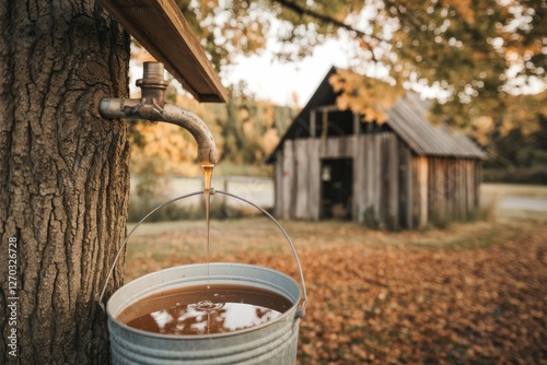 Rustic Autumn Scene with Dripping Spout and Distant Sugar Shack, Warm Tones, Shallow Depth of Field