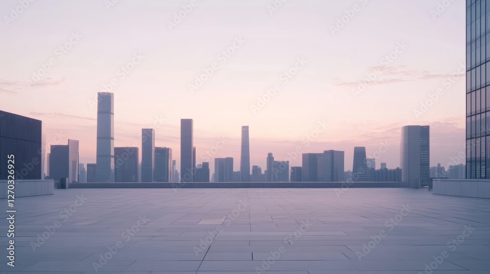 Fototapeta premium A modern city plaza with a skyline at sunrise. Featuring hope and new beginnings