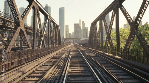 Old Iron Train Tracks Over City Buildings and Skyline View