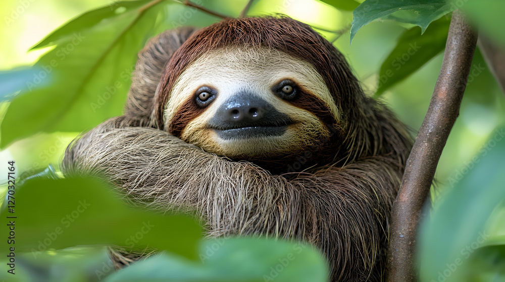 Cute Sloth Relaxing in Tropical Greenery on a Sunny Day Cute Sloth Relaxing in Tropical Greenery on a Sunny Day