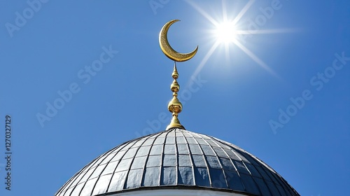 Golden crescent atop a mosque dome under a bright sun against a clear blue sky