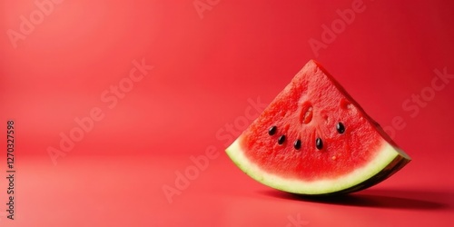 A vibrant slice of juicy watermelon rests on a bold red background, showcasing its refreshing and sweet interior, perfect for summer refreshment and healthy eating.