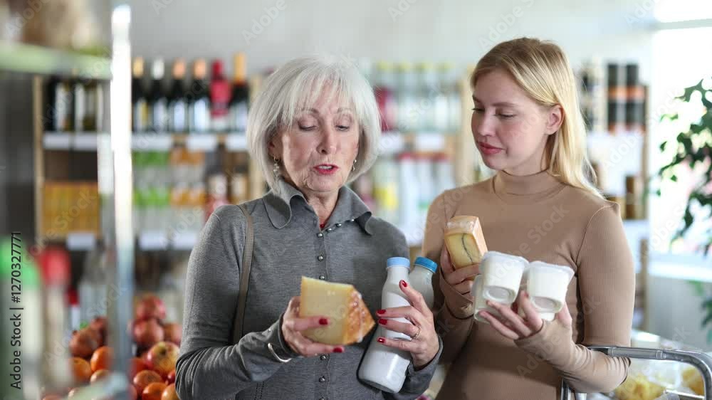 Girl and grandma with dairy products chooses something else, examines labels of cheese yogurt, interested in composition and expiration date. Client examines packaging, looking for something for snack