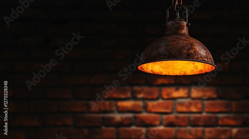 Rusty industrial pendant lamp illuminates brick wall.