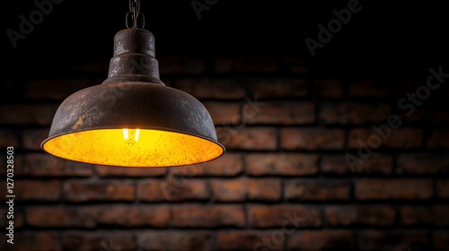 Rustic metal pendant lamp hanging against a brick wall.