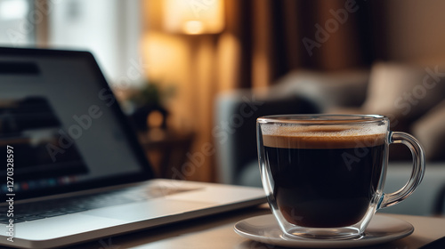 Coffee break with laptop in cozy home office setting