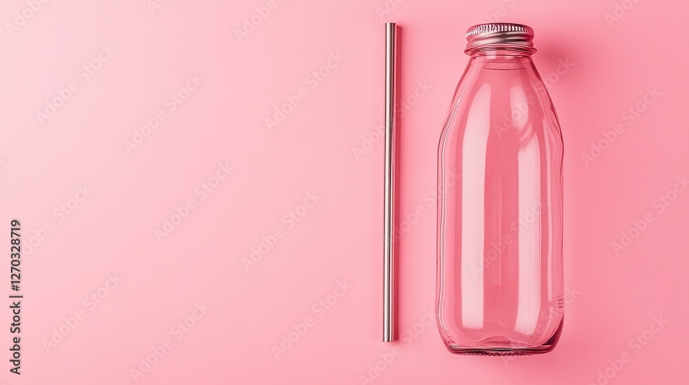A glass bottle and reusable metal straw placed next to single-use plastic alternatives. A glass bottle and reusable metal straw placed next to single-use plastic alternatives.