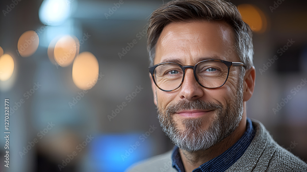 Confident man smiling in a modern office setting Confident man smiling in a modern office setting