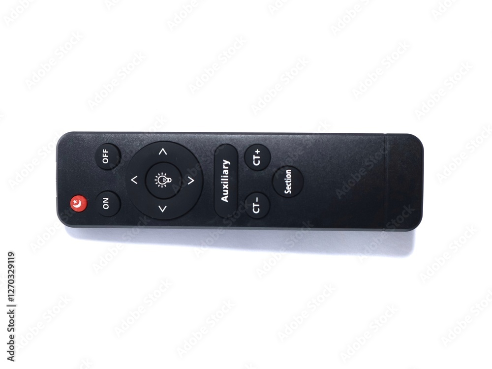 sleek black remote control with multiple buttons, including power, auxiliary, and lighting controls, photographed on a white background sleek black remote control with multiple buttons, including power, auxiliary, and lighting controls, photographed on a white background