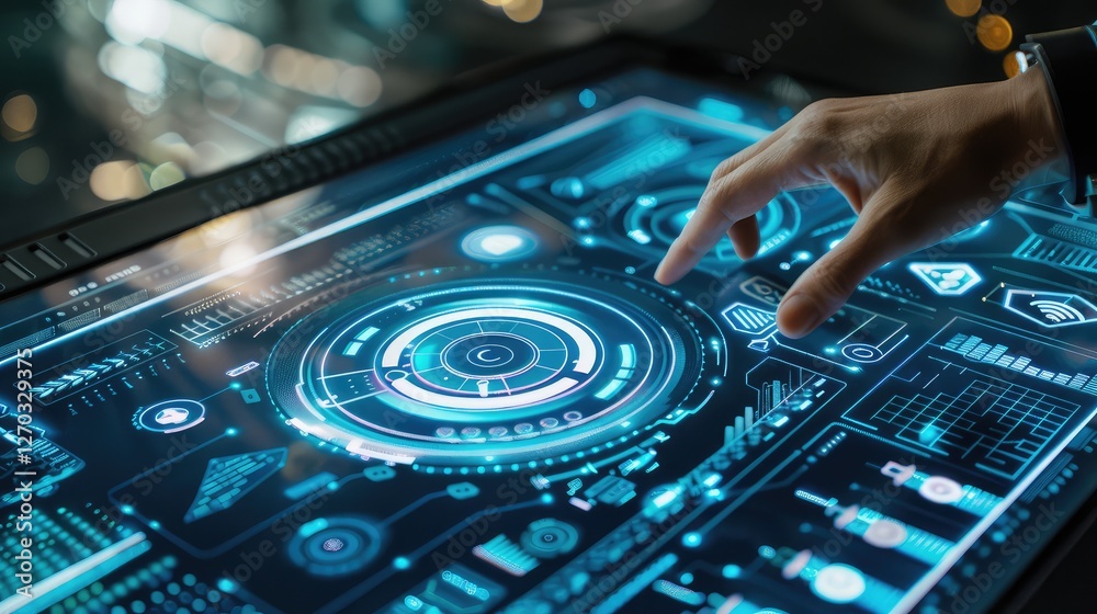 Hand Interacting with Futuristic Digital Touch Interface Hand Interacting with Futuristic Digital Touch Interface