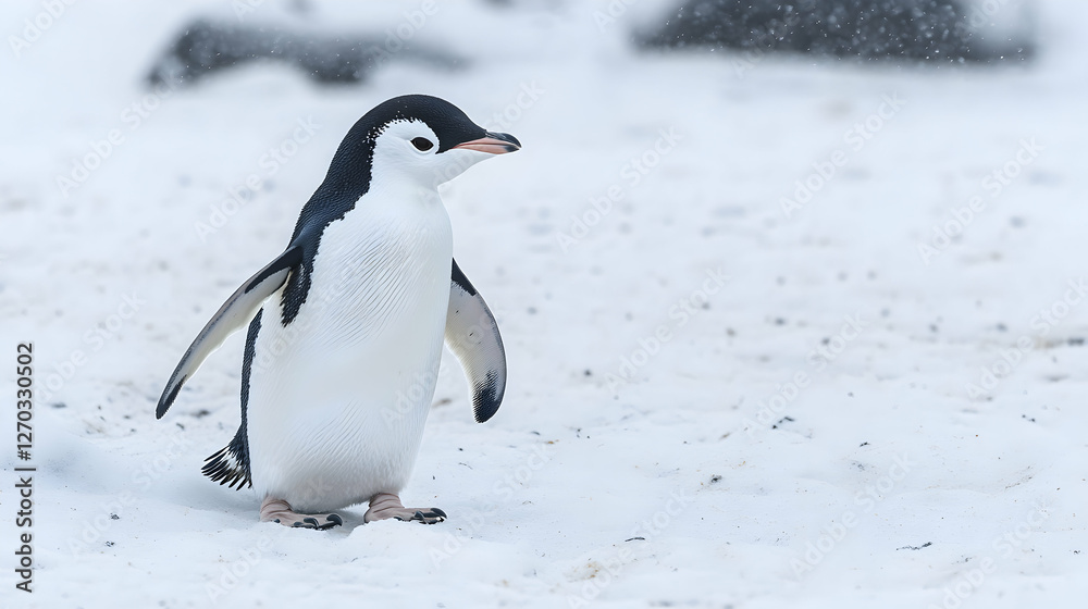 Obraz premium Solo Penguin Walking on Snowy Landscape in Wintery Environment
