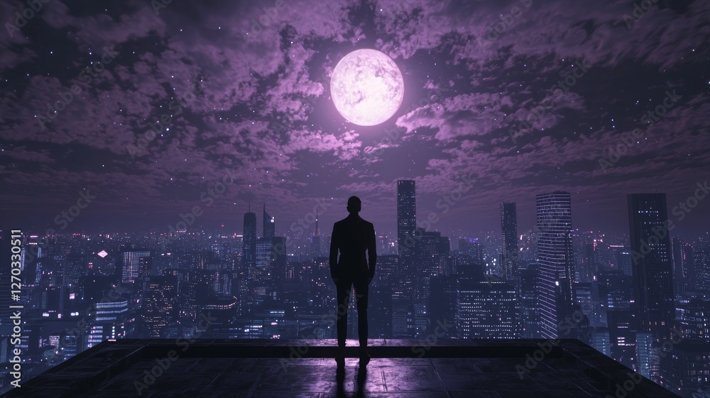 Tall Dressed Figure Standing Against a City Skyline at Night Tall Dressed Figure Standing Against a City Skyline at Night