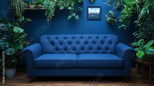 Elegant blue tufted sofa surrounded by lush greenery photo