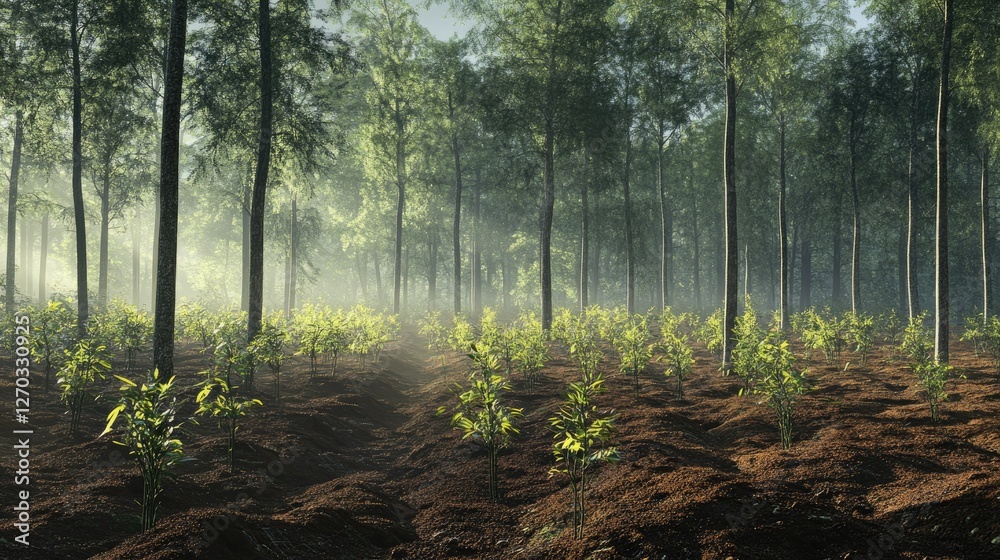 A logging site being reclaimed by nature with new saplings growing. A logging site being reclaimed by nature with new saplings growing.