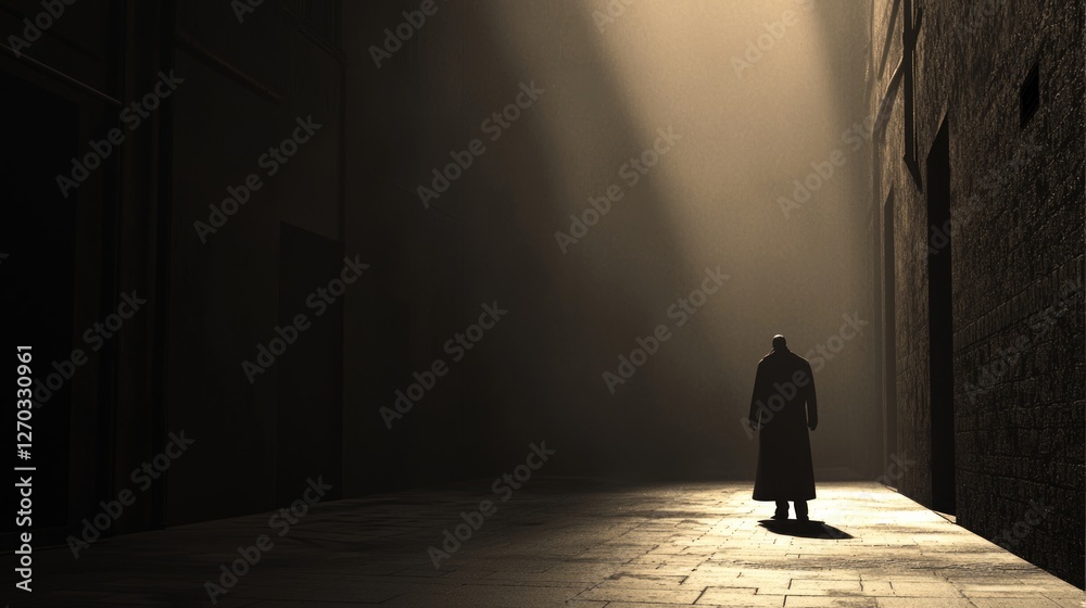 Mysterious Lone Figure in Trench Coat in Dramatic Shadowy Environment Mysterious Lone Figure in Trench Coat in Dramatic Shadowy Environment