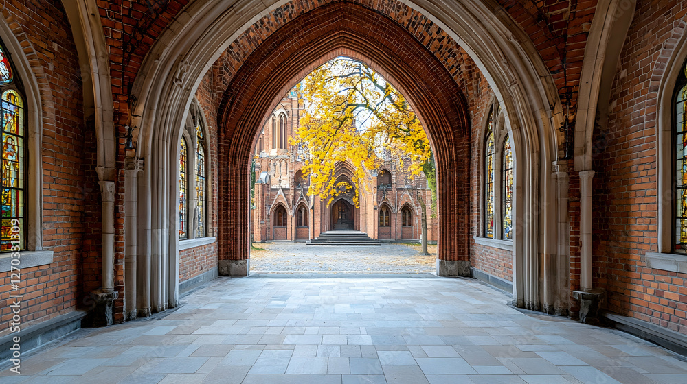 Fototapeta premium Majestic Gothic Archway with Colorful Leaves in Historic Architecture