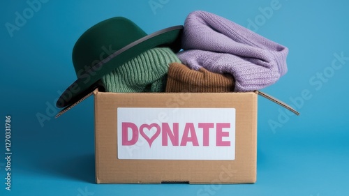 Clothing donation box with various garments on a blue background photo