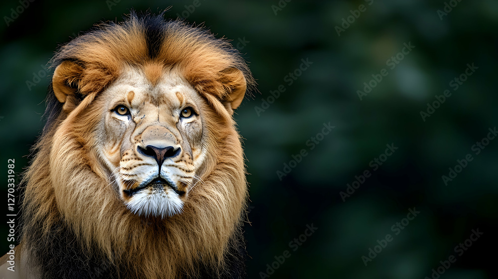 Majestic Lion Portrait with Luxurious Mane Against Dark Background Majestic Lion Portrait with Luxurious Mane Against Dark Background