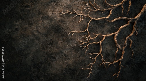 Intricate tree roots against a textured dark background photo