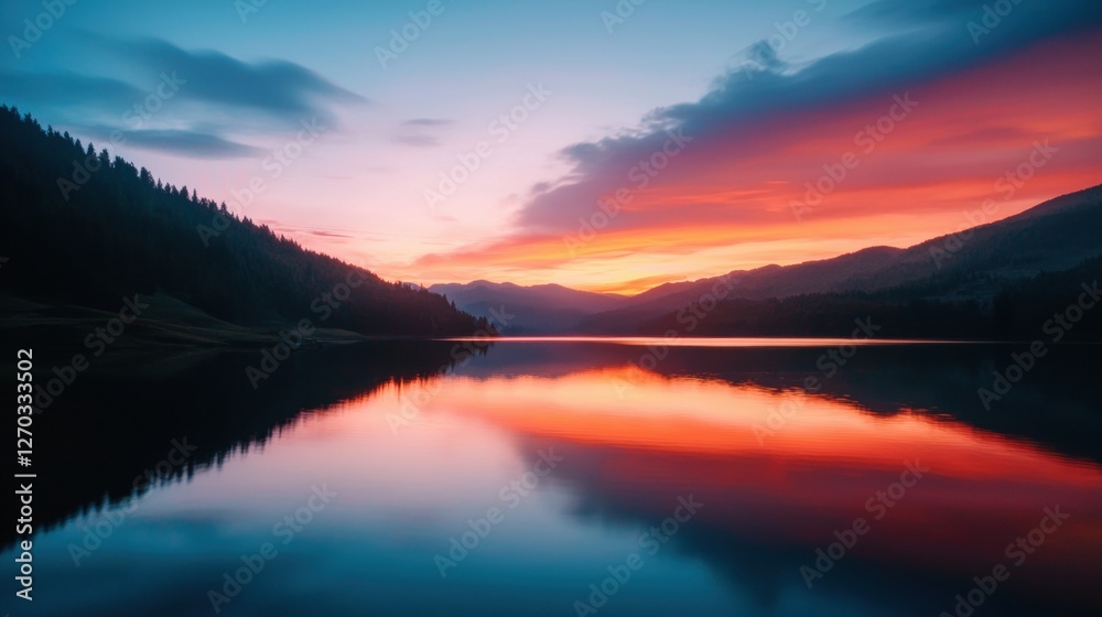 Fototapeta premium Serene sunset reflection over a tranquil mountain lake