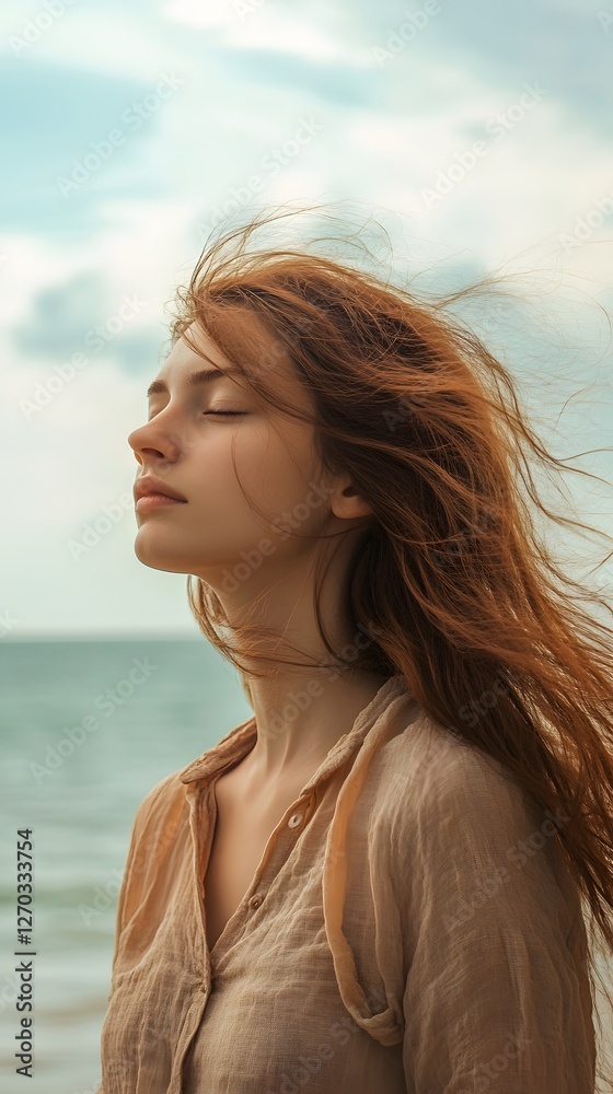 Young Woman Strolling Along the Beach with Wind-Blown Hair Young Woman Strolling Along the Beach with Wind-Blown Hair