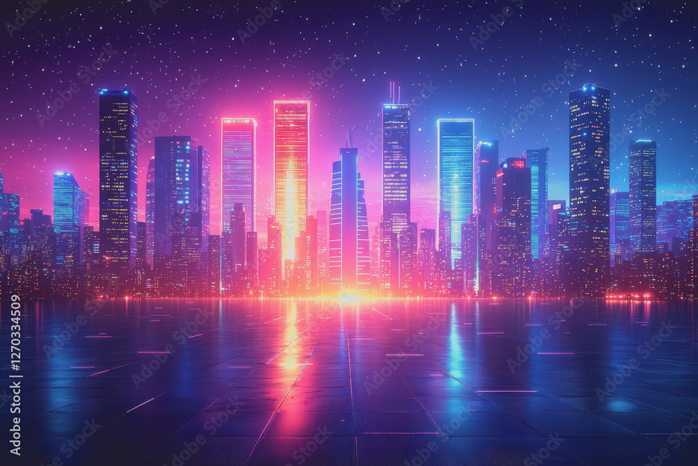 Night view of a vibrant city skyline illuminated by bright lights and reflections on water surface Night view of a vibrant city skyline illuminated by bright lights and reflections on water surface