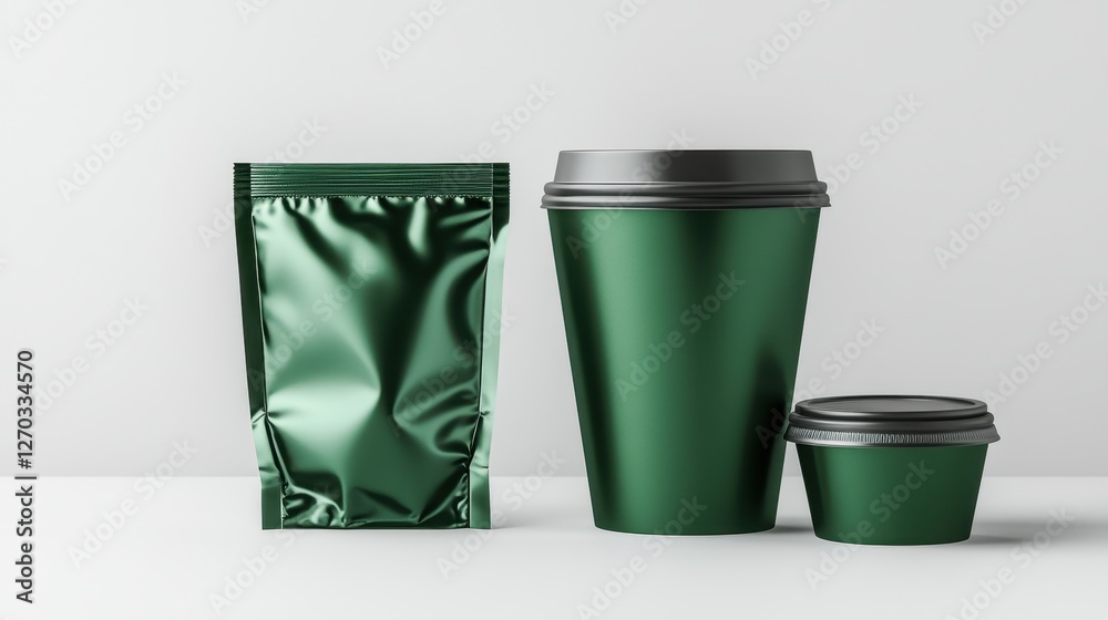 Fototapeta premium Green foil pouch, cup, and container mockup. Perfect for branding and packaging design projects.