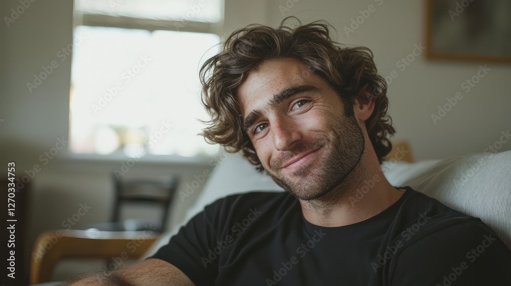 Naklejka premium A happy man sitting on a couch at home, looking to the side and smiling in living room with a window, generative AI