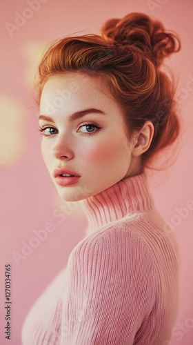 Realistic Portrait of Young Woman in Pink Sweater Against Pink Background