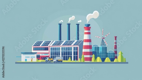 Modern Factory With Solar Panels and Wind Turbines